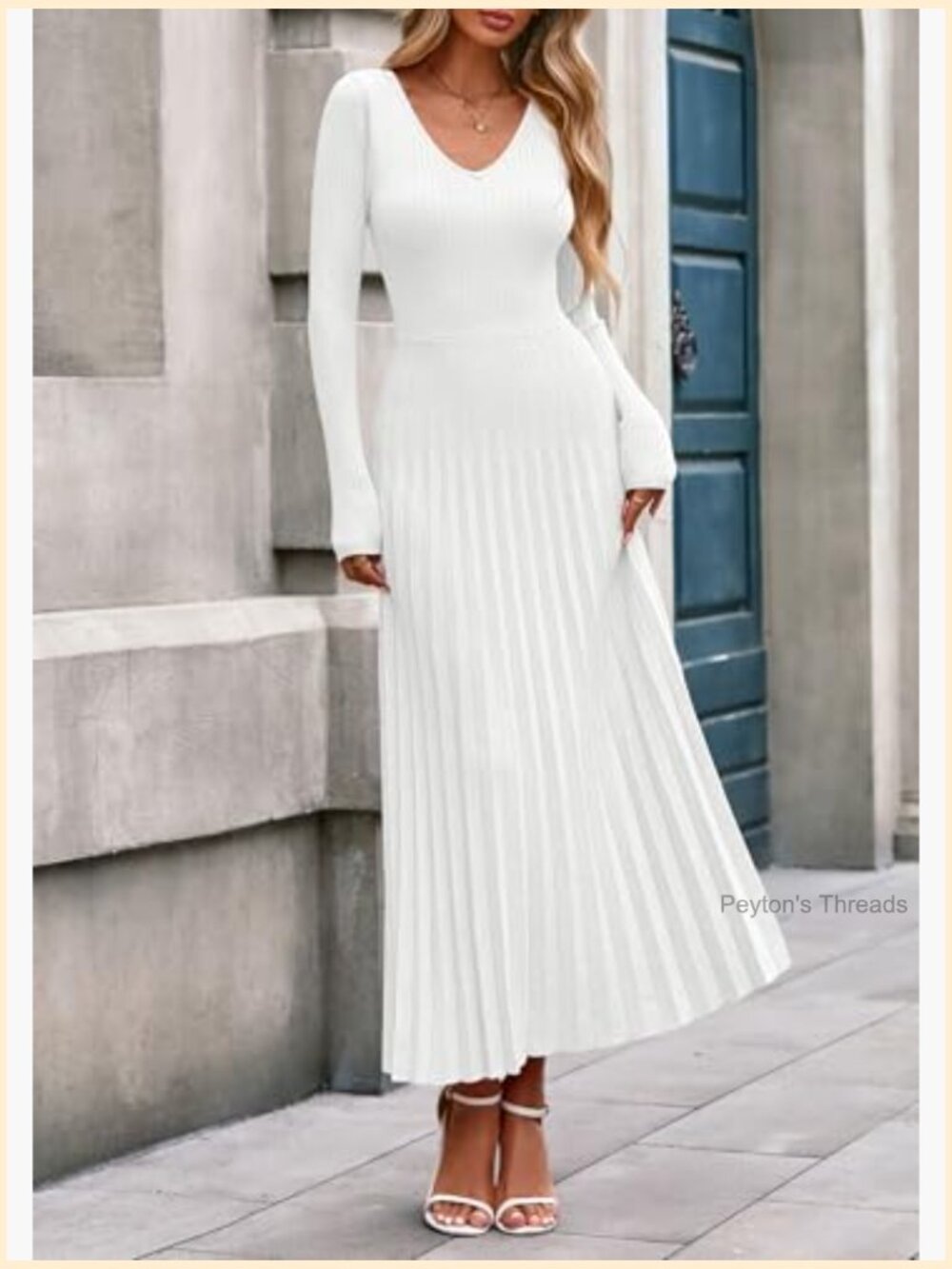 Long Sleeve V-Neck Ribbed Knit Pleated A-Line Maxi Sweater Dress - Picture 3 of 7